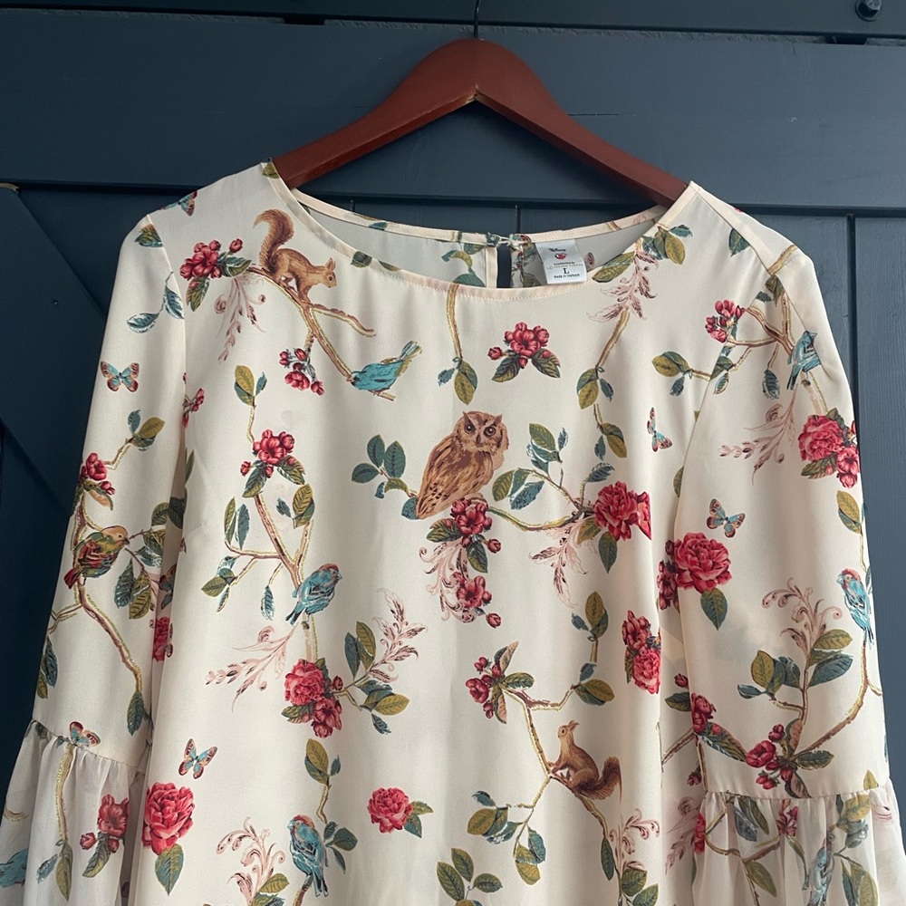 LC Lauren Conrad + Disney Cream Blouse with Pink Floral & Blue Bird Print - Picture 4 of 7